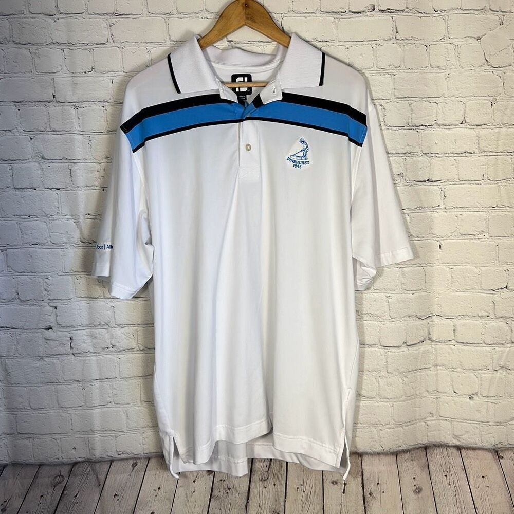 FootJoy Golf Polo Shirt PINEHURST LOGO Men’s Large Blue Black White Striped
